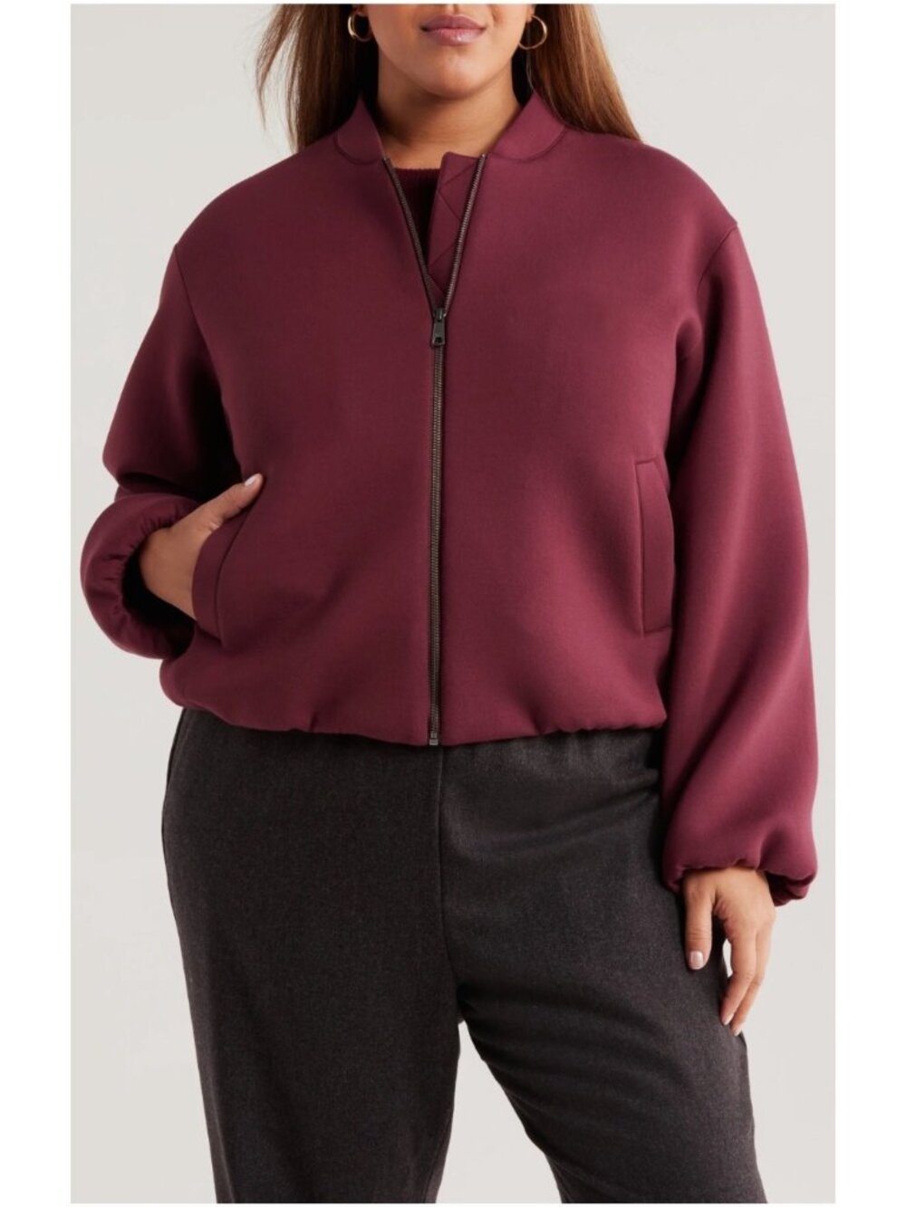 Nordstrom Womens Scuba Knit Burgundy Bomber Jacket XL Full-Zip Elastic Hem & Cuf